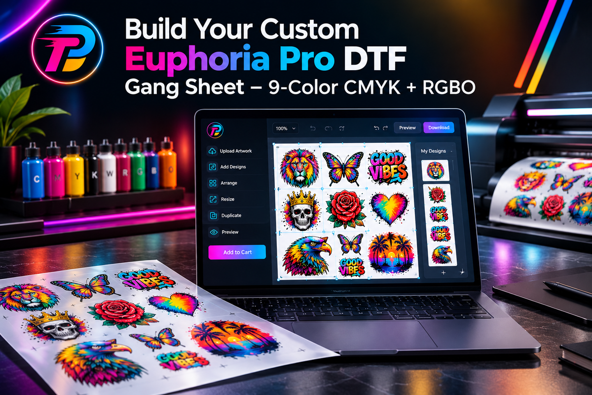 Build Your Custom Euphoria Pro DTF Gang Sheet – 9-Color CMYK + RGBO