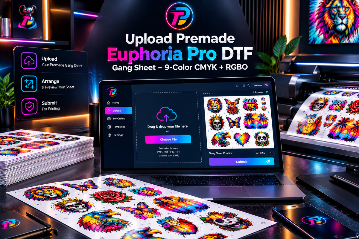 Upload Premade Euphoria Pro DTF Gang Sheet – 9-Color CMYK + RGBO